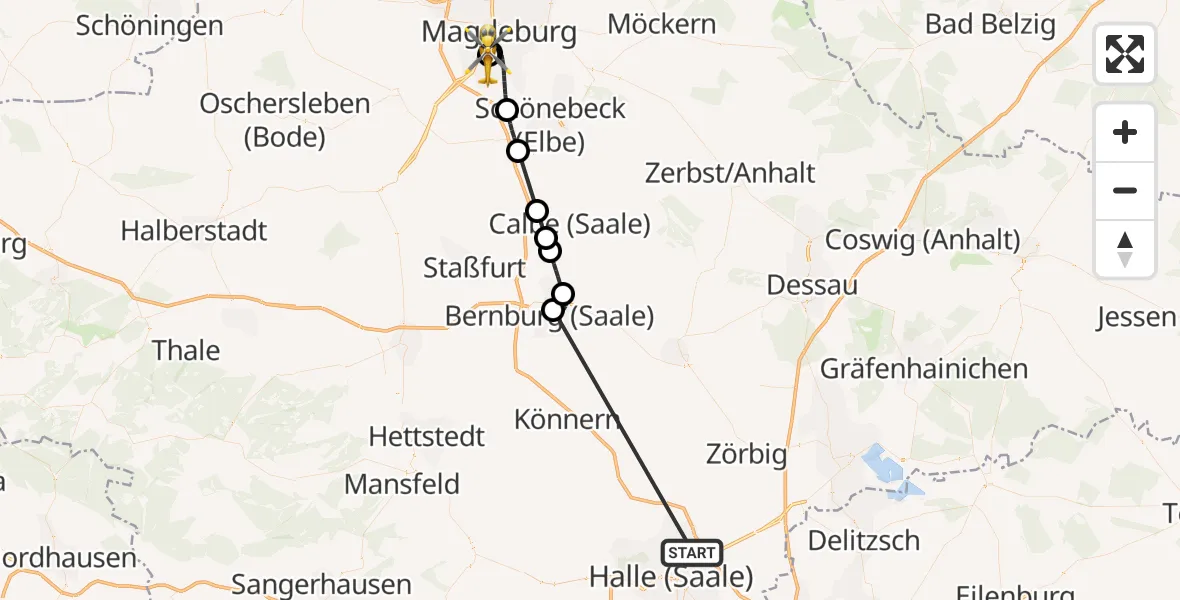 Flugroute Rettungshubschrauber Halle (Saale) - Magdeburg University Hospital, 04 Oktober 2026, 19:27