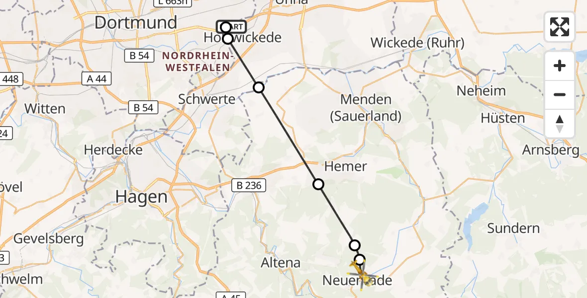 Flugroute Rettungshubschrauber Dortmund Flughafen - Neuenrade, 04 Oktober 2026, 19:42
