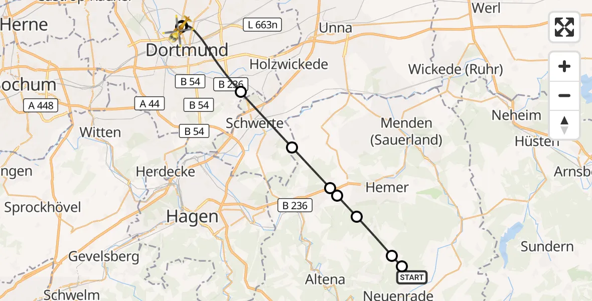 Flugroute Rettungshubschrauber Neuenrade - Dortmund Hospital North, 04 Oktober 2026, 20:44