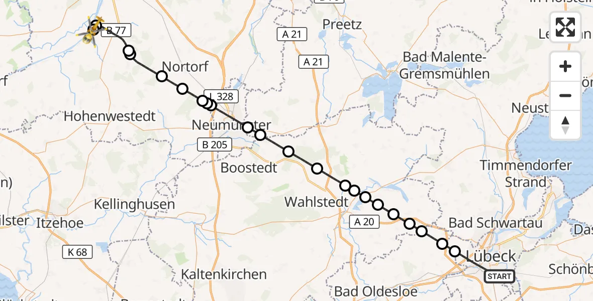 Flugroute Ambulanzhubschrauber Lübeck - Hörsten, 04 Oktober 2026, 21:30