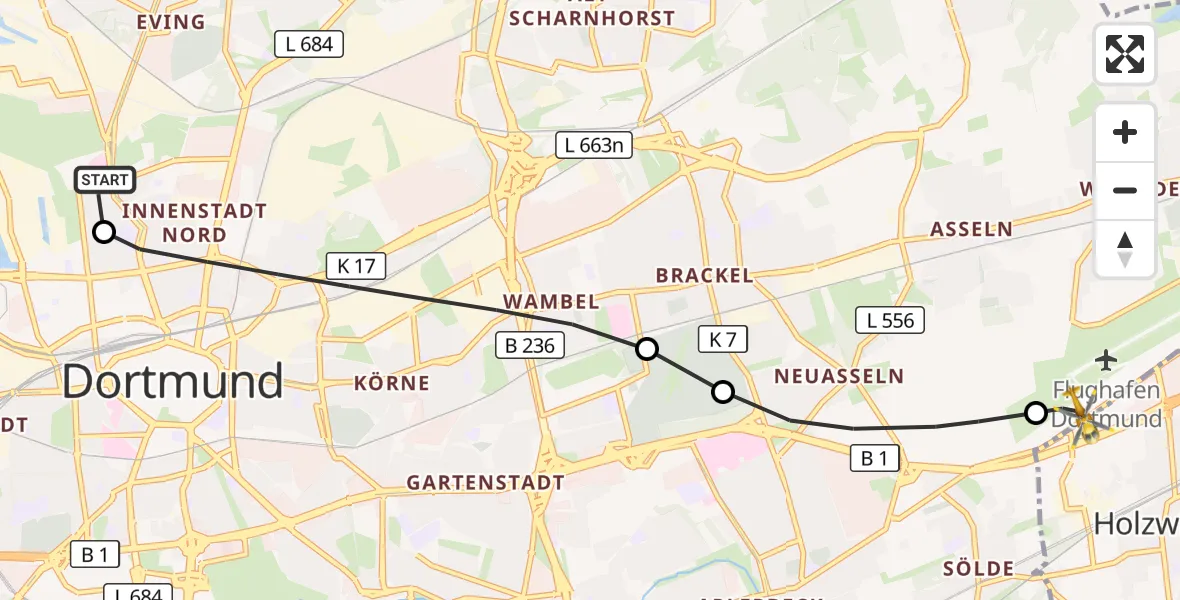 Flugroute Rettungshubschrauber Dortmund Hospital North - Dortmund Flughafen, 04 Oktober 2026, 21:35