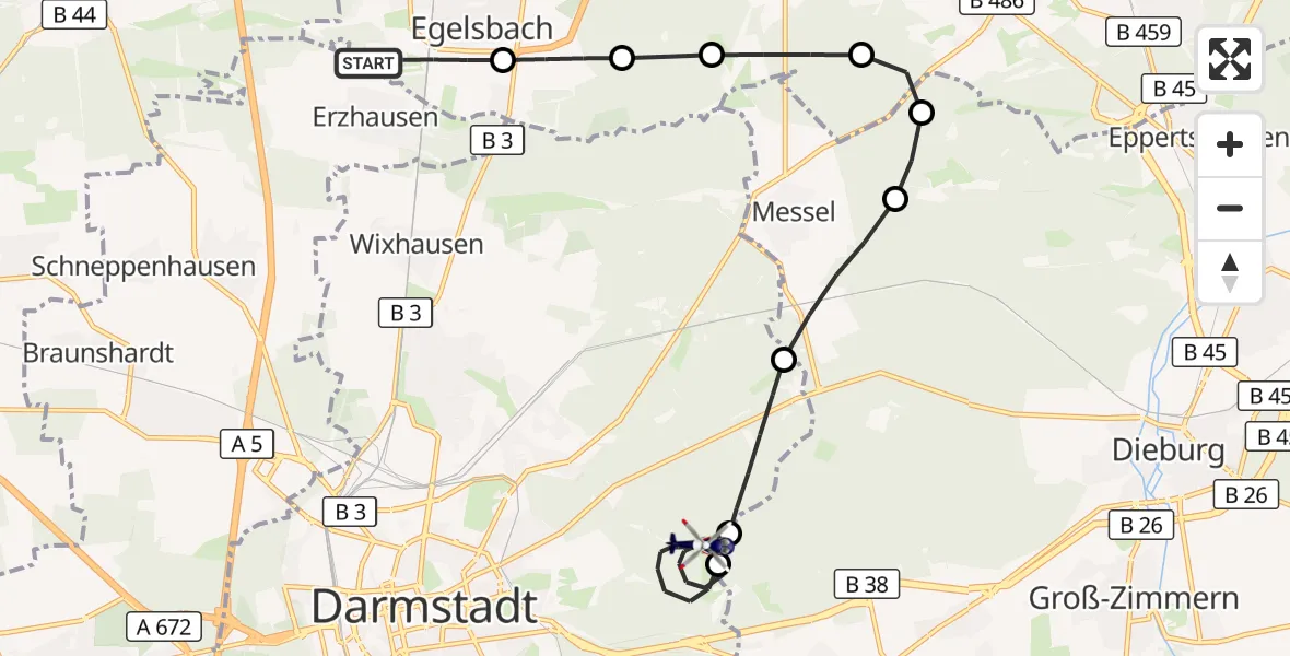 Flugroute Polizeihubschrauber Flughafen Frankfurt-Egelsbach - Darmstadt, 04 Oktober 2026, 22:55