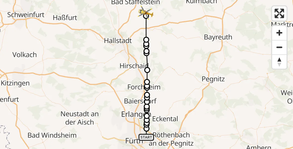 Flugroute Rettungshubschrauber Flughafen Nuremberg - Bad Staffelstein, 05 Oktober 2026, 05:02
