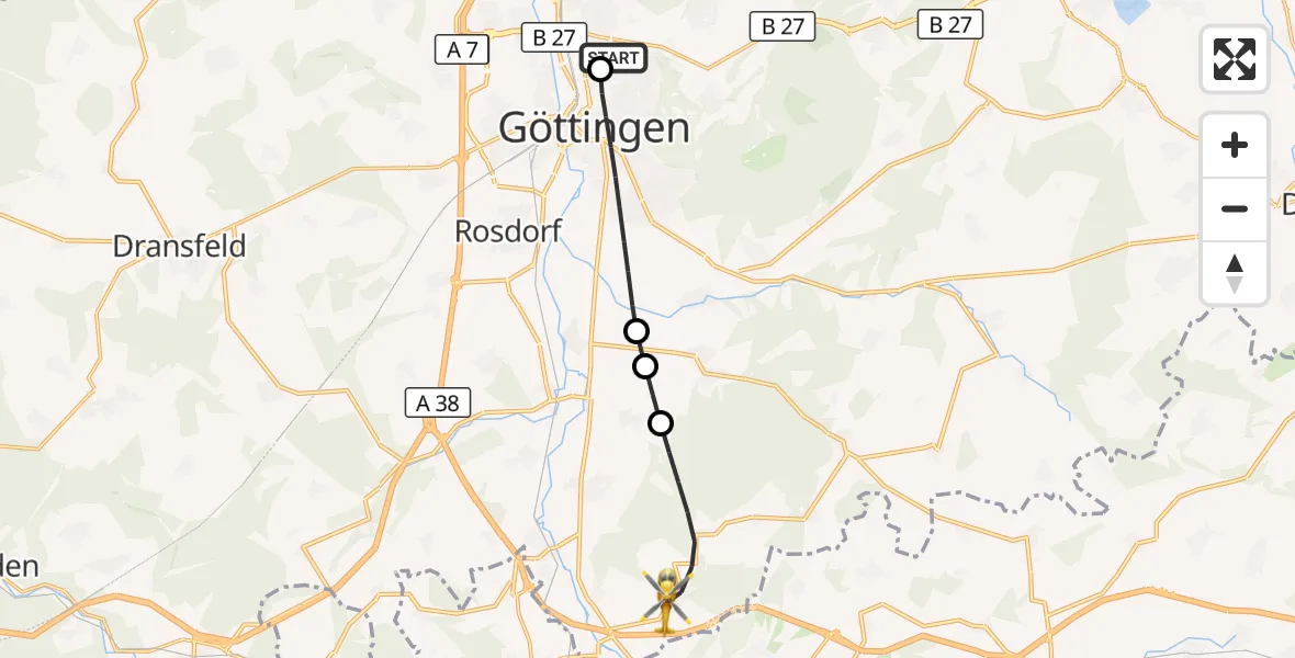 Flugroute Rettungshubschrauber Göttingen University Clinic Hubschrauberlandeplatz - Friedland, 05 Oktober 2026, 06:00