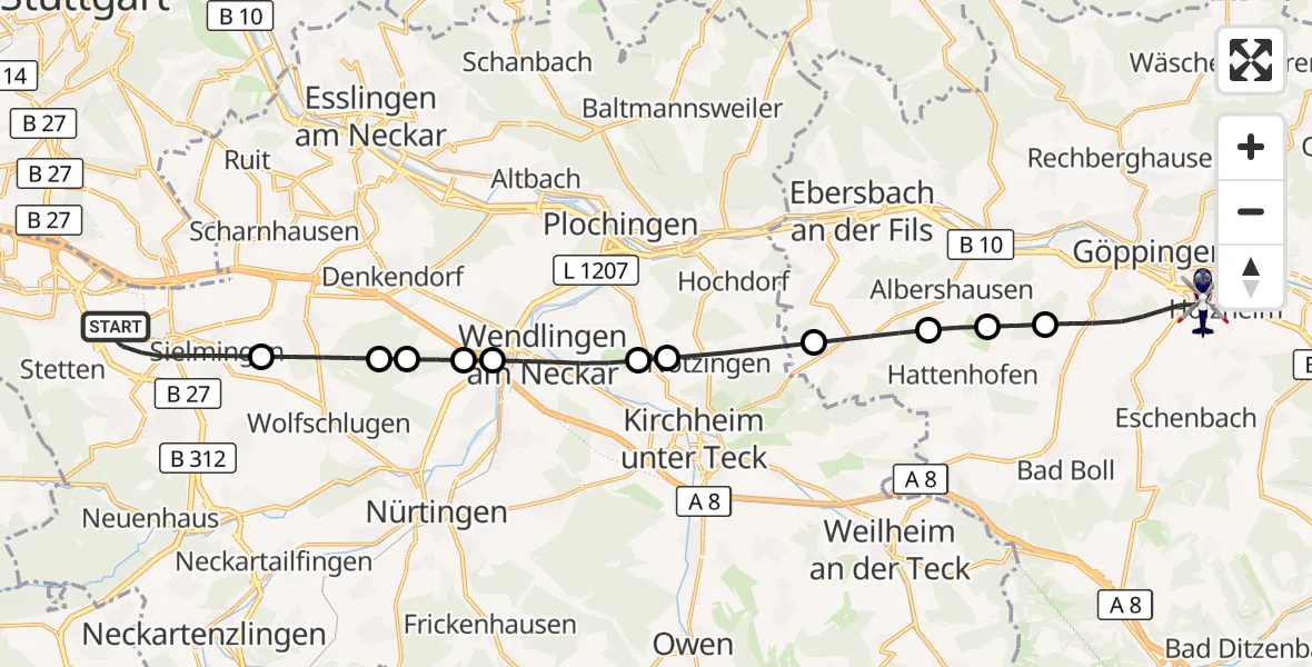 Flugroute Polizeihubschrauber Flughafen Stuttgart - Göppingen, 05 Oktober 2026, 06:03