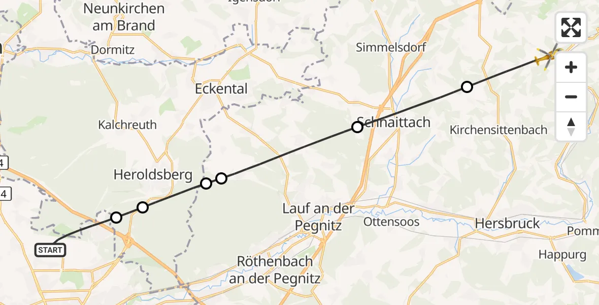 Flugroute Ambulanzhubschrauber Flughafen Nuremberg - Kirchensittenbach, 05 Oktober 2026, 06:06