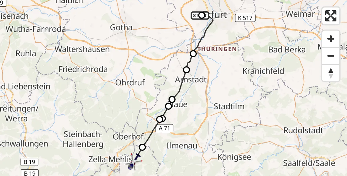 Flugroute Polizeihubschrauber Erfurt-Weimar Flughafen - Suhl, 05 Oktober 2026, 06:49