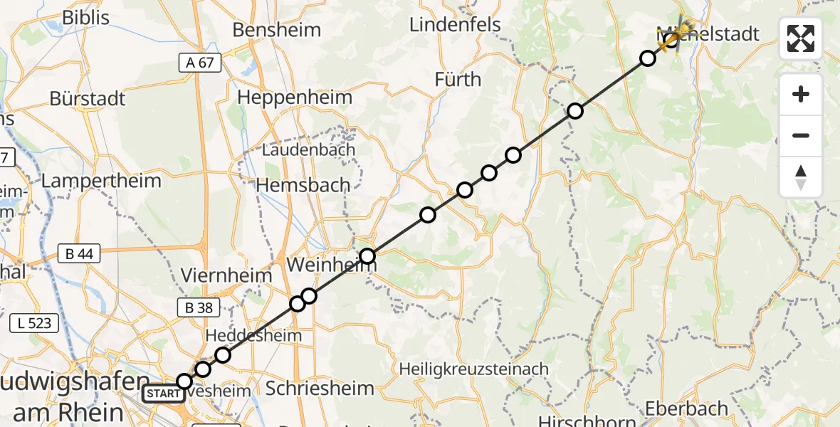 Flugroute Rettungshubschrauber Mannheim-City Flughafen - Michelstadt-Odenwald Flugplatz, 05 Oktober 2026, 06:54
