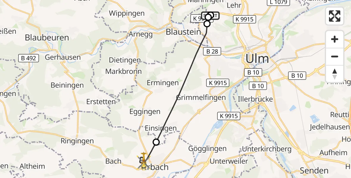 Flugroute Rettungshubschrauber Ulm Military Hospital Emergency - Erbach, 05 Oktober 2026, 06:57