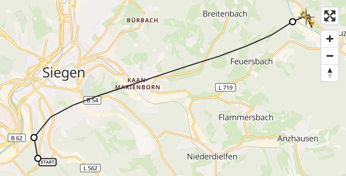 Flugroute Rettungshubschrauber Evangelisches Jung-Stilling Hospital - Netphen, 05 Oktober 2026, 07:03