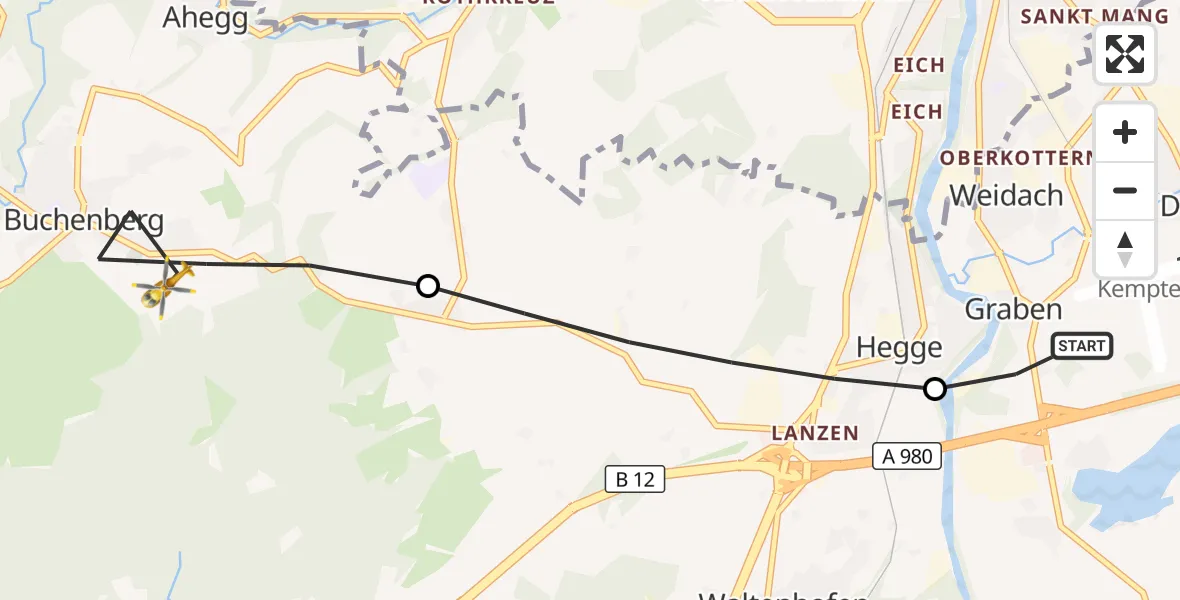 Flugroute Rettungshubschrauber Sulzberg - Buchenberg, 05 Oktober 2026, 07:05