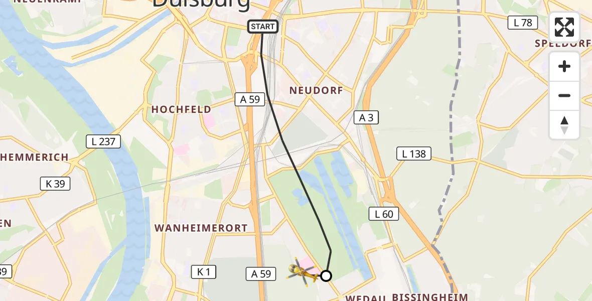 Flugroute Rettungshubschrauber Duisburg - Sana Clinic Duisburg Hubschrauberlandeplatz, 05 Oktober 2026, 07:13