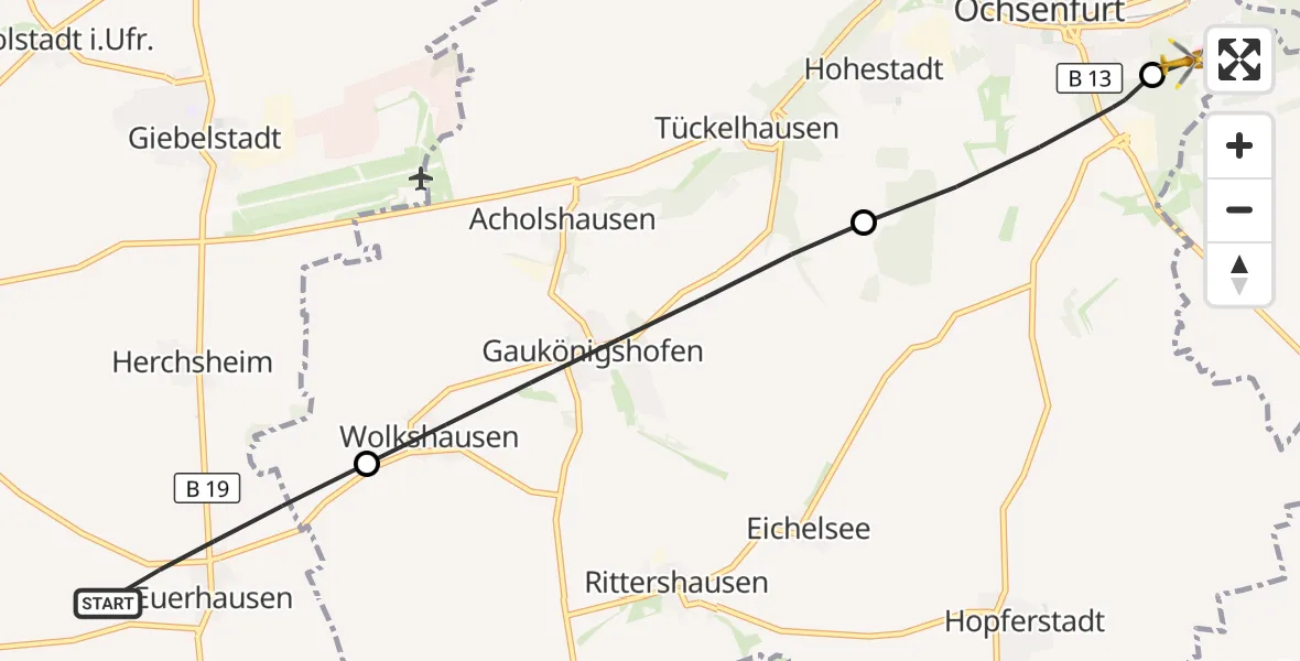 Flugroute Rettungshubschrauber Giebelstadt - Ochsenfurt Hospital, 05 Oktober 2026, 07:16