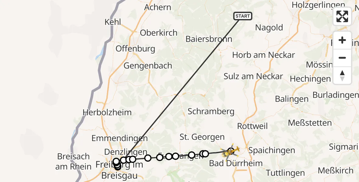 Flugroute Ambulanzhubschrauber Altensteig - DRF Air Rescue Station Villingen-Schwenningen Hubschrauberlandeplatz (Christoph 11), 05 Oktober 2026, 07:17