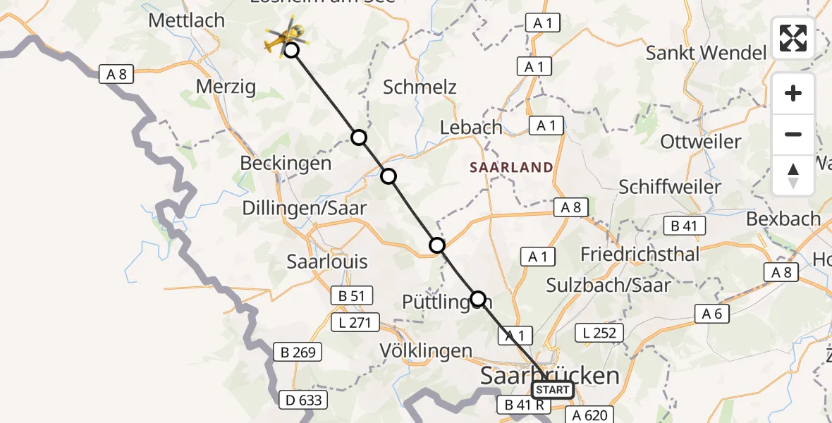 Flugroute Rettungshubschrauber Saarbrücken - Losheim am See, 05 Oktober 2026, 07:18