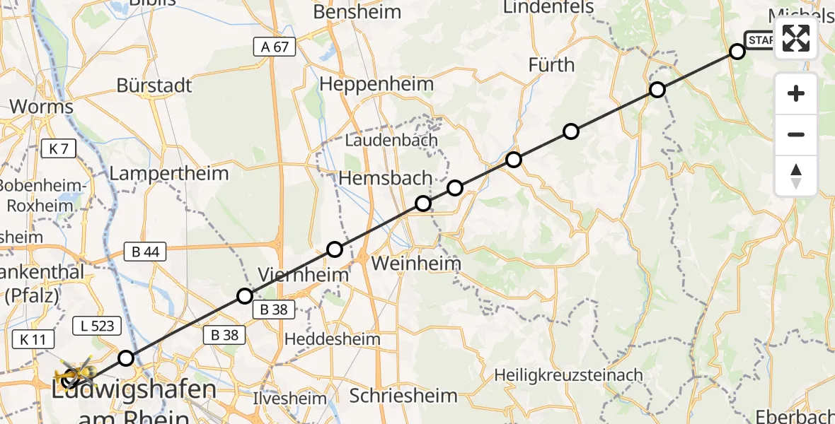 Flugroute Rettungshubschrauber Erbach - Ludwigshafen Accident Hospital, 05 Oktober 2026, 07:21