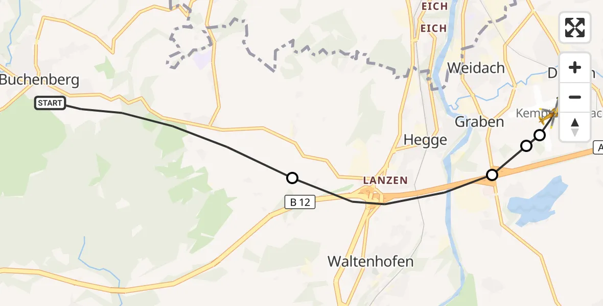 Flugroute Rettungshubschrauber Buchenberg - Kempten-Durach Flugplatz, 05 Oktober 2026, 07:42