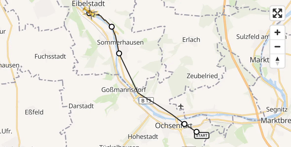 Flugroute Rettungshubschrauber Ochsenfurt Hospital - Eibelstadt, 05 Oktober 2026, 07:44