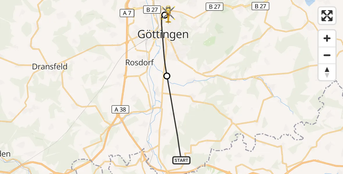 Flugroute Rettungshubschrauber Friedland - Göttingen University Clinic Hubschrauberlandeplatz, 05 Oktober 2026, 07:46