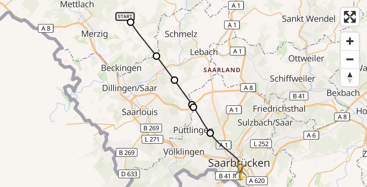 Flugroute Rettungshubschrauber Losheim am See - Saarbrücken, 05 Oktober 2026, 07:47