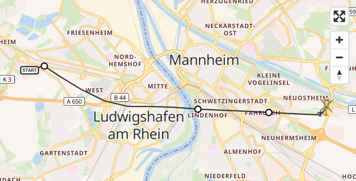 Flugroute Rettungshubschrauber Ludwigshafen Accident Hospital - Mannheim-City Flughafen, 05 Oktober 2026, 07:47