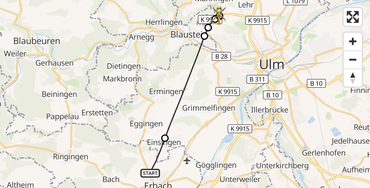Flugroute Rettungshubschrauber Erbach - ADAC Air Rescue Station Ulm (Christoph 22), 05 Oktober 2026, 07:49