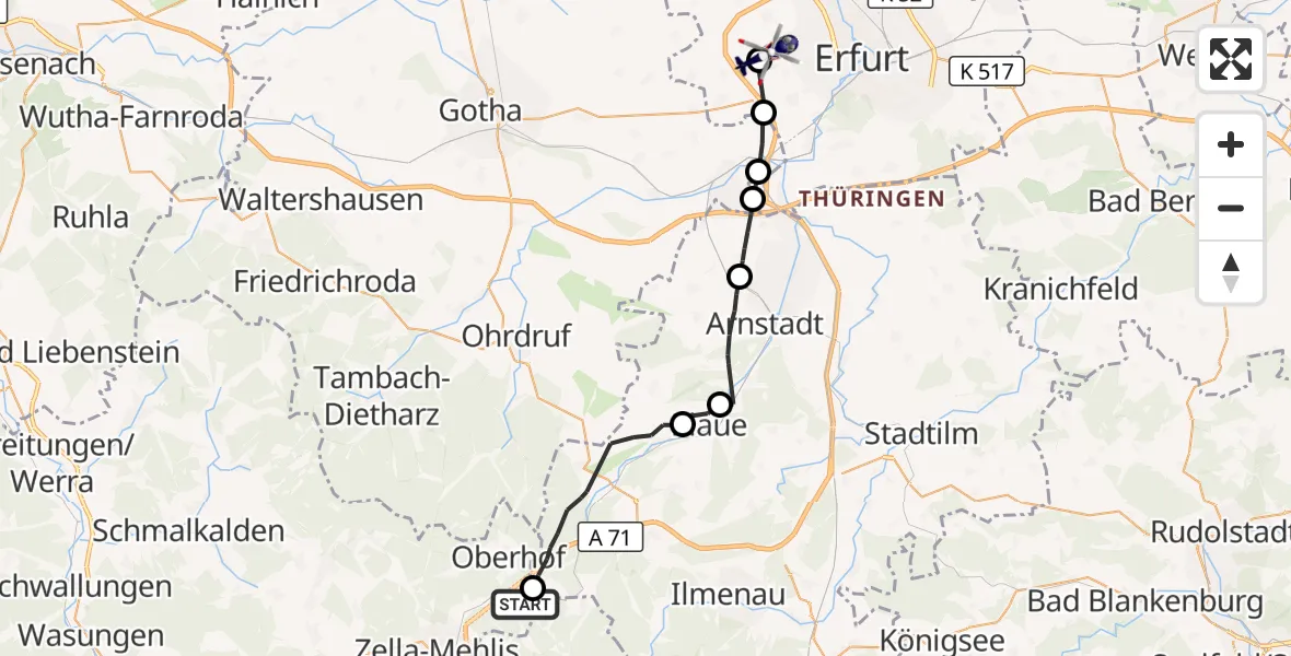 Flugroute Polizeihubschrauber Oberhof - Erfurt-Weimar Flughafen, 05 Oktober 2026, 07:50