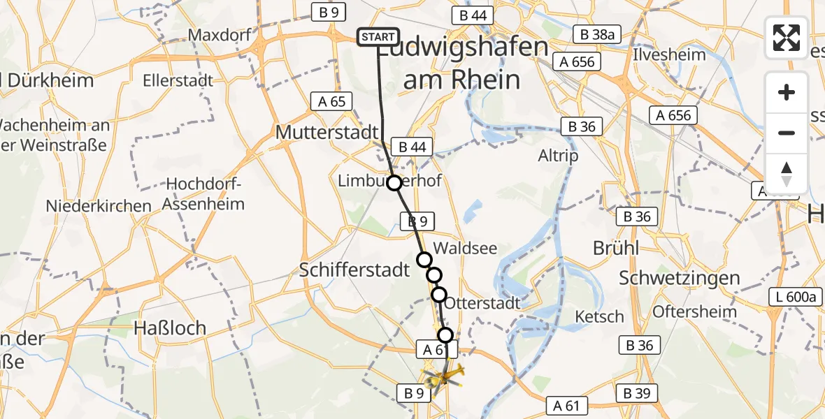 Flugroute Rettungshubschrauber Ludwigshafen am Rhein - Speyer, 05 Oktober 2026, 08:01