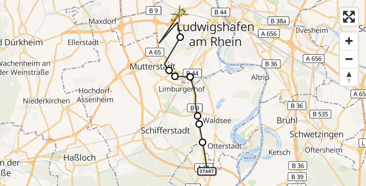 Flugroute Rettungshubschrauber Speyer - Ludwigshafen Accident Hospital, 05 Oktober 2026, 08:28