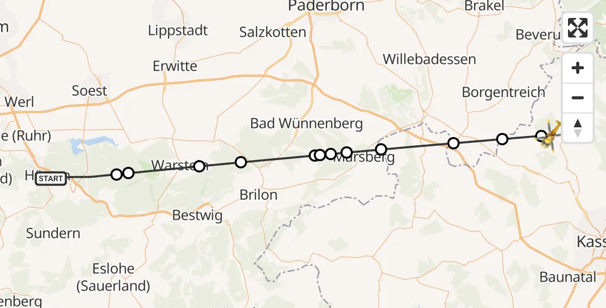 Flugroute Rettungshubschrauber Arnsberg - Hofgeismar, 05 Oktober 2026, 08:45