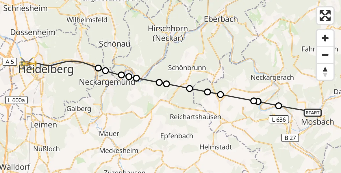 Flugroute Rettungshubschrauber Mosbach - Heidelberg, 05 Oktober 2026, 08:47