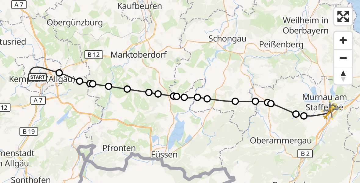 Flugroute Rettungshubschrauber Kempten (Allgäu) - Ohlstadt, 05 Oktober 2026, 09:26