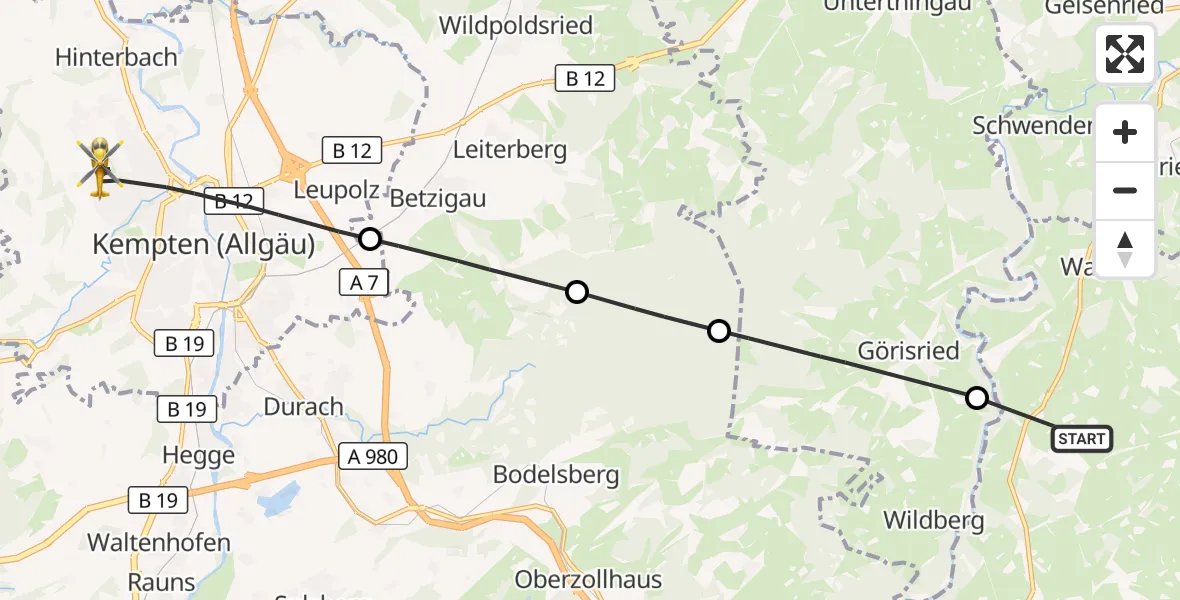 Flugroute Rettungshubschrauber Wald - Kempten (Allgäu), 05 Oktober 2026, 09:36