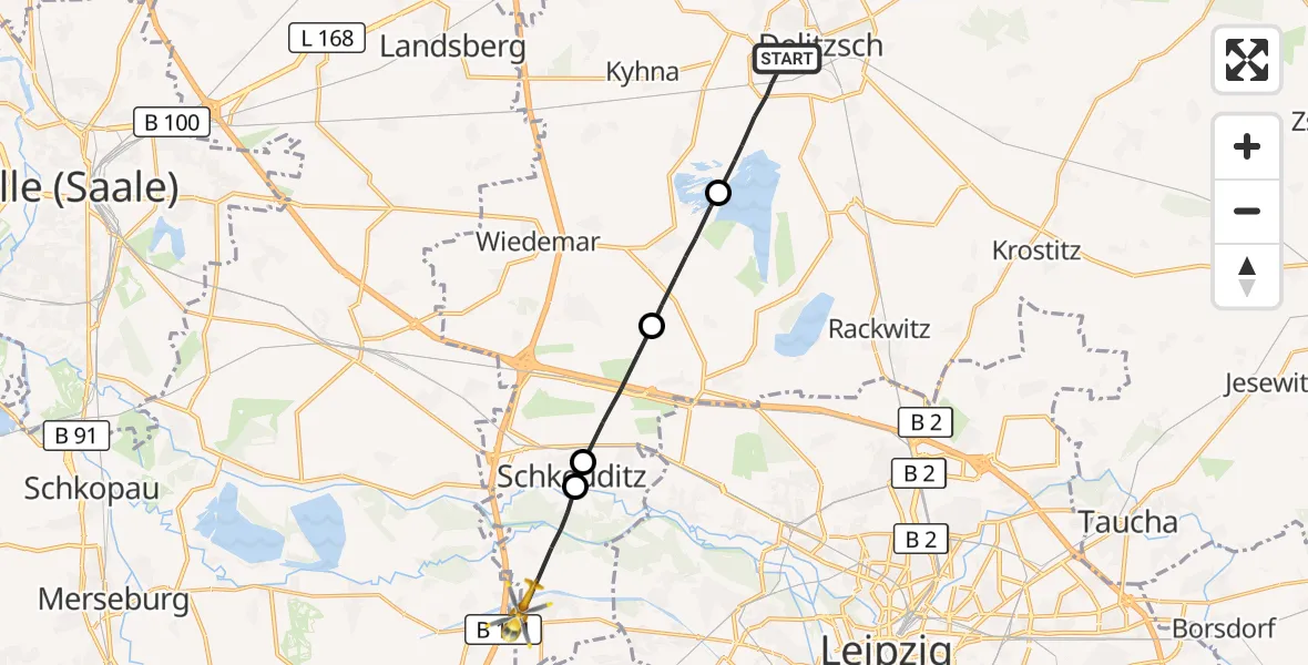 Flugroute Rettungshubschrauber Delitzsch - ADAC Air Rescue Station Leipzig/Schkeuditz-Dölzig Hubschrauberlandeplatz (Christoph 61), 05 Oktober 2026, 09:40