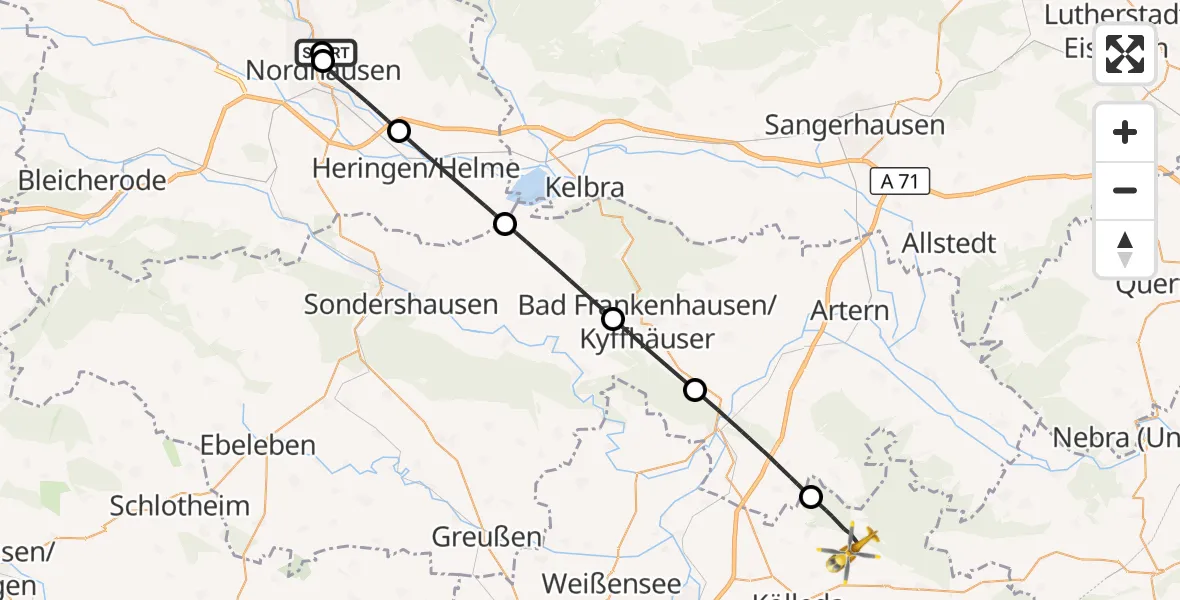 Flugroute Rettungshubschrauber Südharz Hospital Nordhausen - Kölleda, 05 Oktober 2026, 09:40