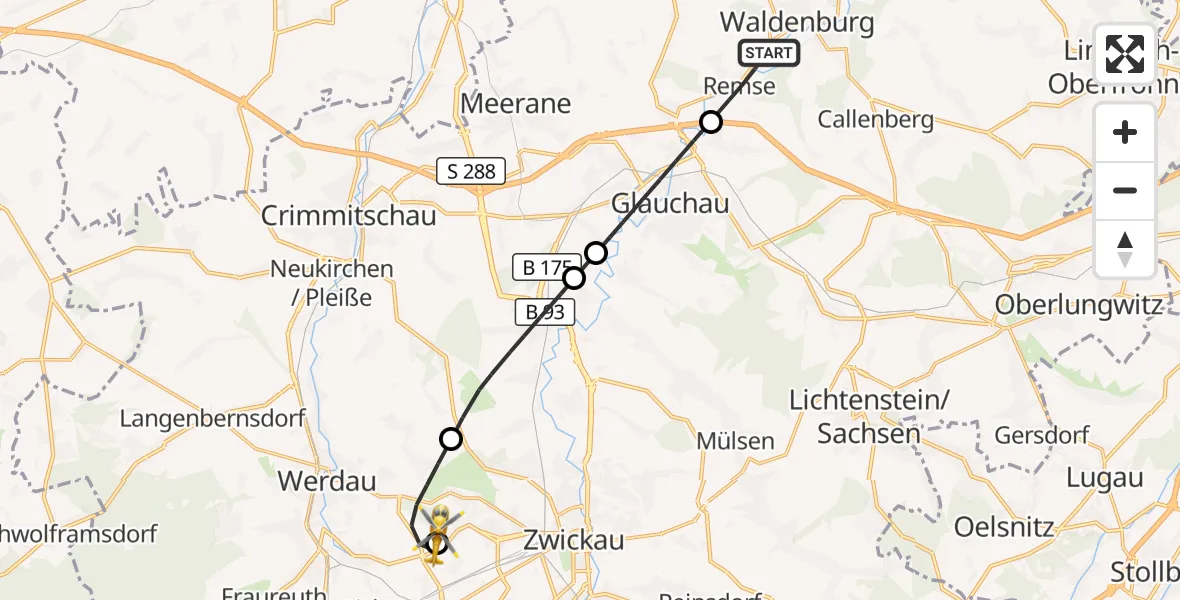 Flugroute Rettungshubschrauber Remse - ADAC Air Rescue Station Zwickau Hubschrauberlandeplatz, 05 Oktober 2026, 09:41