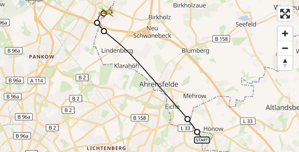 Flugroute Rettungshubschrauber Berlin - Helios Clinic Berlin-Buch, 05 Oktober 2026, 09:42
