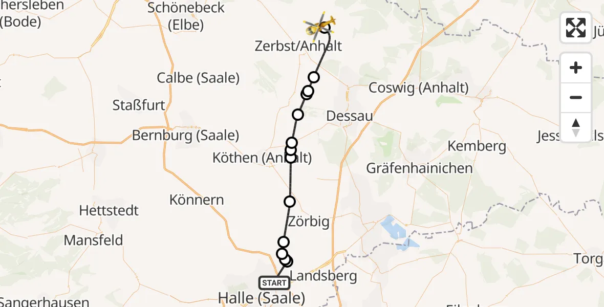 Flugroute Rettungshubschrauber Halle (Saale) - Zerbst Flugplatz, 05 Oktober 2026, 10:08