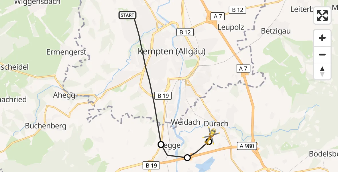 Flugroute Rettungshubschrauber Kempten (Allgäu) - Kempten-Durach Flugplatz, 05 Oktober 2026, 10:12