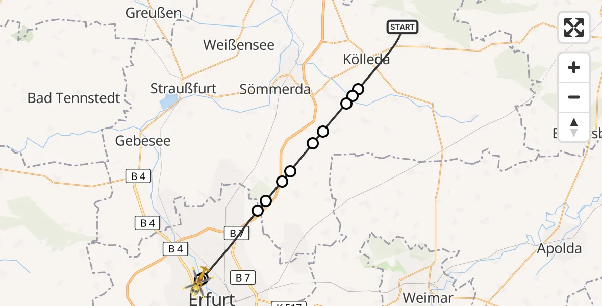 Flugroute Rettungshubschrauber Kölleda - Helios Clinic Erfurt, 05 Oktober 2026, 10:20