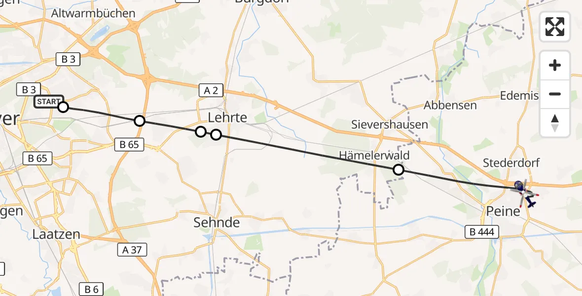 Flugroute Polizeihubschrauber Hannover Luftrettung Hubschrauberlandeplatz (Christoph 4) - Peine, 05 Oktober 2026, 10:25