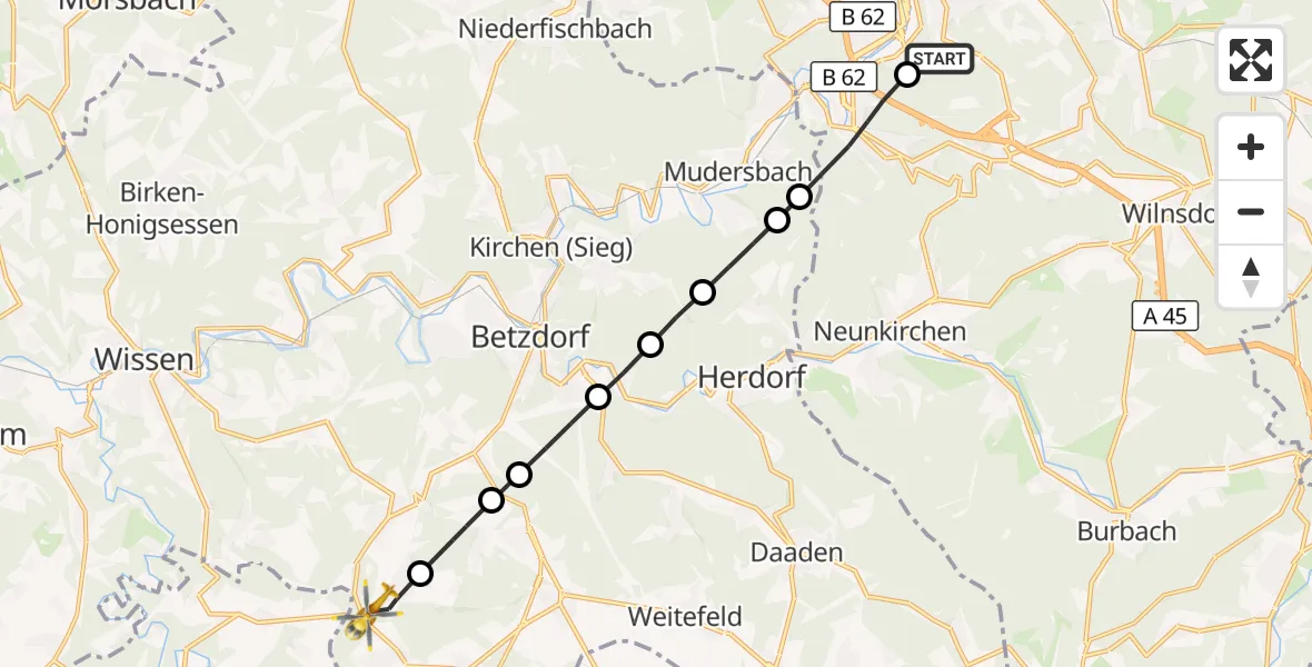 Flugroute Rettungshubschrauber Evangelisches Jung-Stilling Hospital - Steinebach/Sieg, 05 Oktober 2026, 10:25