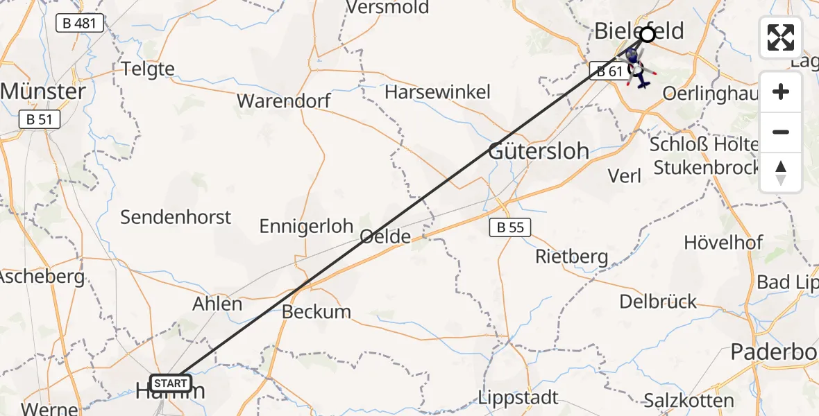 Flugroute Polizeihubschrauber Hamm-Lippewiesen Flugplatz - Luftrettungszentrum Bielefeld, 05 Oktober 2026, 10:29