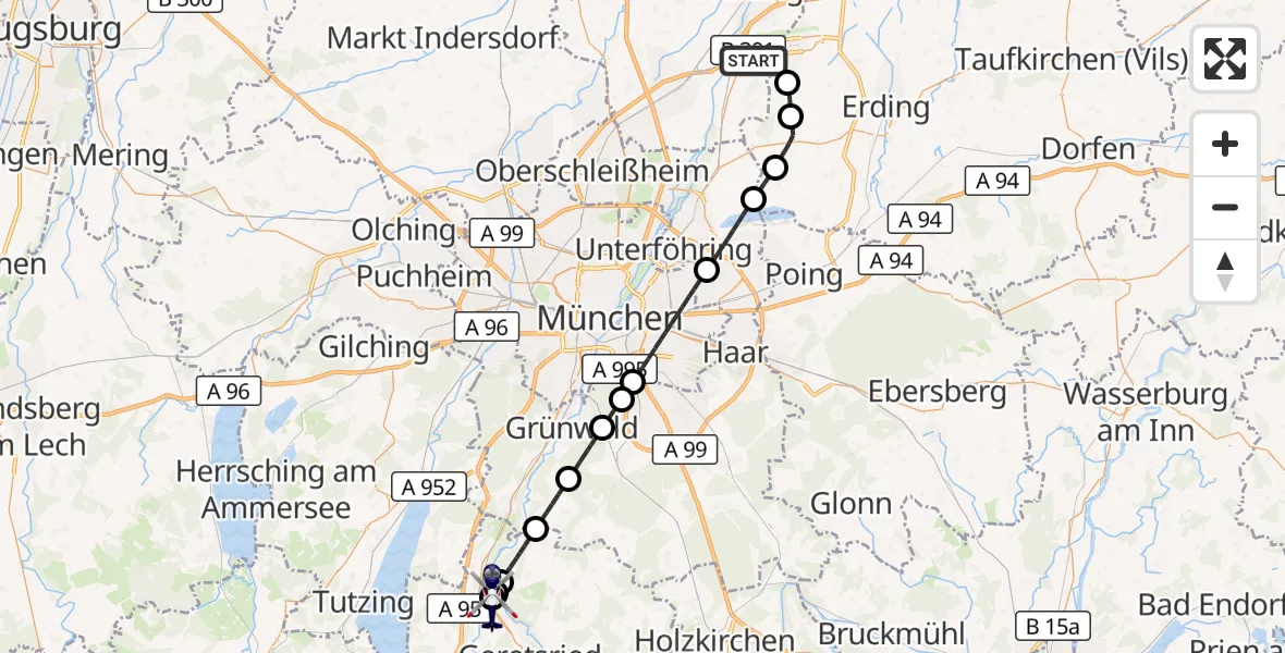 Flugroute Polizeihubschrauber München Flughafen - Wolfratshausen Kreisklink Hubschrauberlandeplatz, 05 Oktober 2026, 10:35