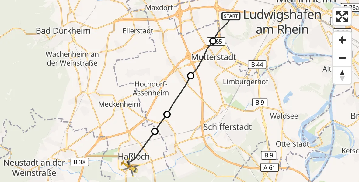 Flugroute Rettungshubschrauber Ludwigshafen am Rhein - Haßloch, 05 Oktober 2026, 10:42