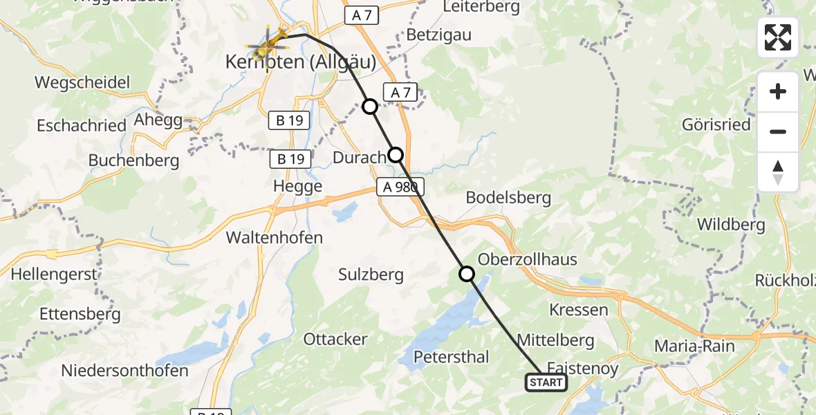 Flugroute Rettungshubschrauber Oy-Mittelberg - Kempten (Allgäu), 05 Oktober 2026, 10:49