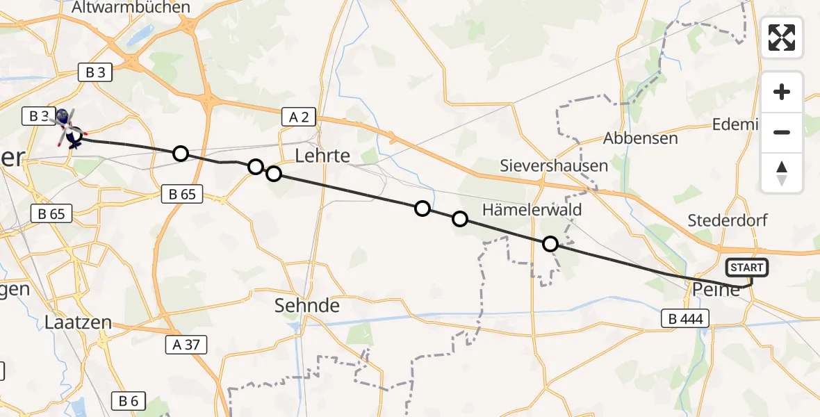 Flugroute Polizeihubschrauber Peine - Hannover Luftrettung Hubschrauberlandeplatz (Christoph 4), 05 Oktober 2026, 10:50