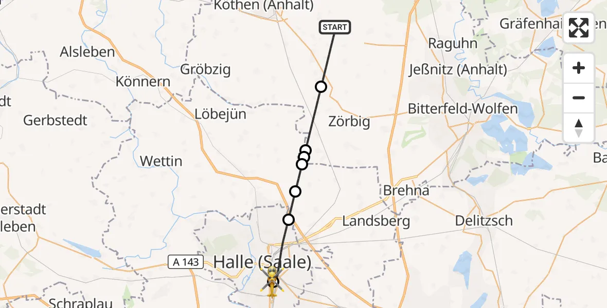 Flugroute Rettungshubschrauber Südliches Anhalt - BG Hospital Bergmannstrost Halle, 05 Oktober 2026, 10:50