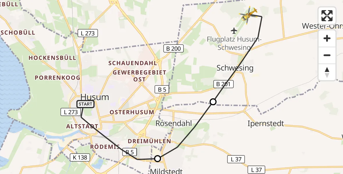 Flugroute Ambulanzhubschrauber Husum - Husum-Schwesing Flughafen, 05 Oktober 2026, 10:51