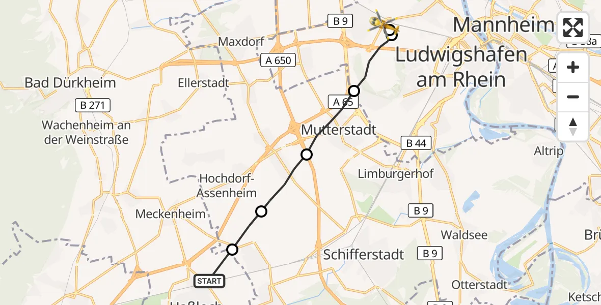 Flugroute Rettungshubschrauber Haßloch - Ludwigshafen Accident Hospital Hubschrauberlandeplatz, 05 Oktober 2026, 11:11
